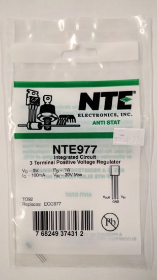 NTE977 IC, Positive 3 Terminal Voltage Regulator, 5V 100mA, TO92