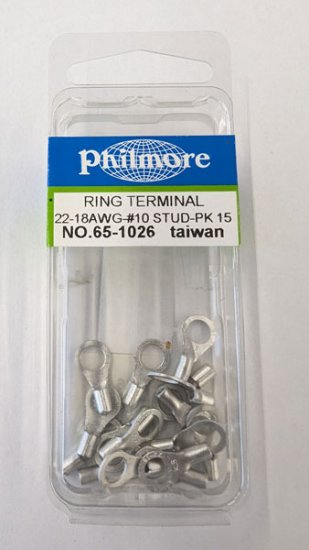 Ring Terminal Non-Insulated 22-18Awg #10 Stud (15Pk)
