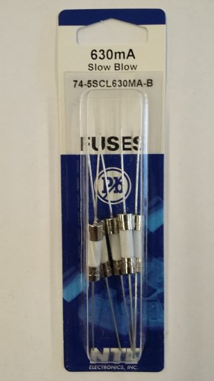 0.63 Amp (630mA) S505-V Axial Ceramic Fuse 5Pk Slow Blow 5x20mm