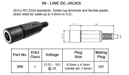 Size T 6.5/4.3/1.4mm Coaxial DC Power Jack Inline